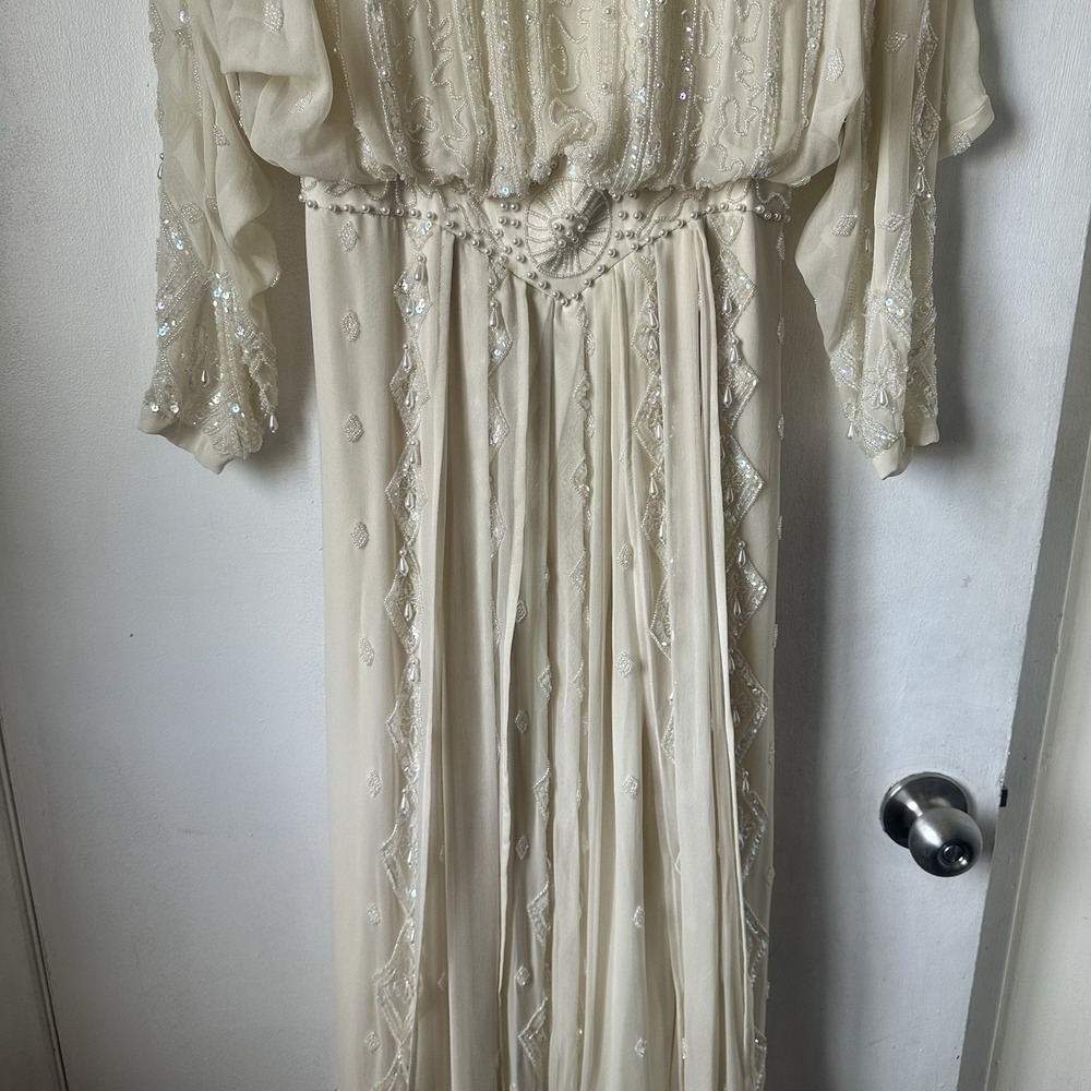 1980s Edwardian Style Heavily Beaded Lillie Ruben Silk Wedding Formal Gown Small - Picture 7 of 16